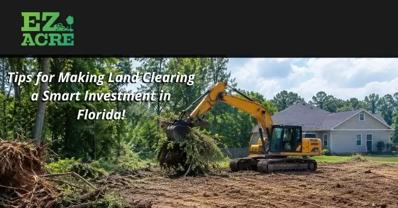 Excavator clearing land with trees and debris in a residential area.